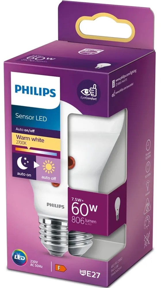 LED žiarovka E27 A60 7,5W = 60W 806lm 2700K Warm 250° so súmrakovým senzorom PHILIPS