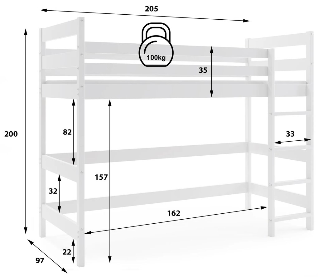 Vyvýšená posteľ z masívu ANTRESOLA 200×90 cm – biela