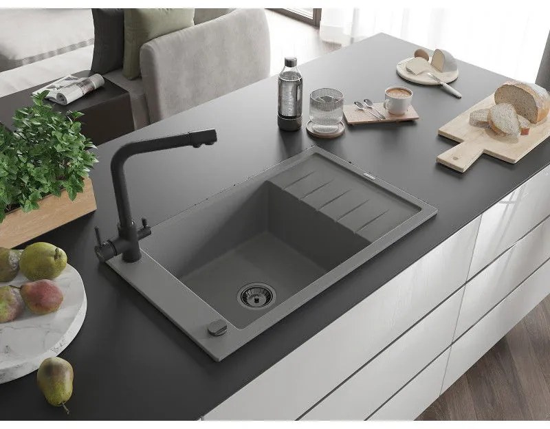 Mexen Elias, 1-komorový granitový drez s odkvapkávačom 795x480x200 mm a čierna batéria Duero, šedá, 6511-71-671600-70-B