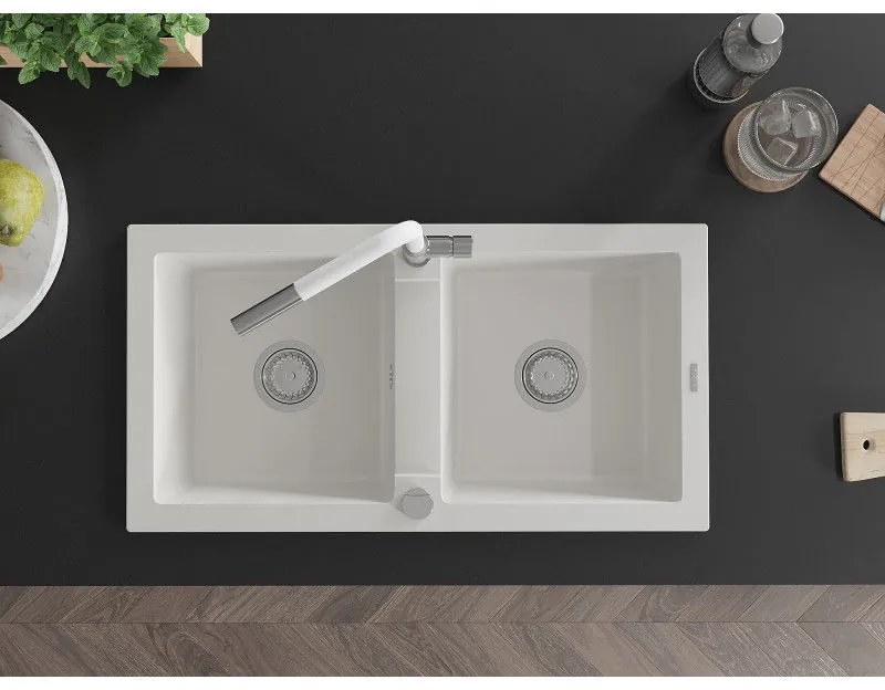 Mexen Mario, 2-komorový granitový drez 820x436x161 mm a drezová batéria Flora, biela, 6504-20-670401-02