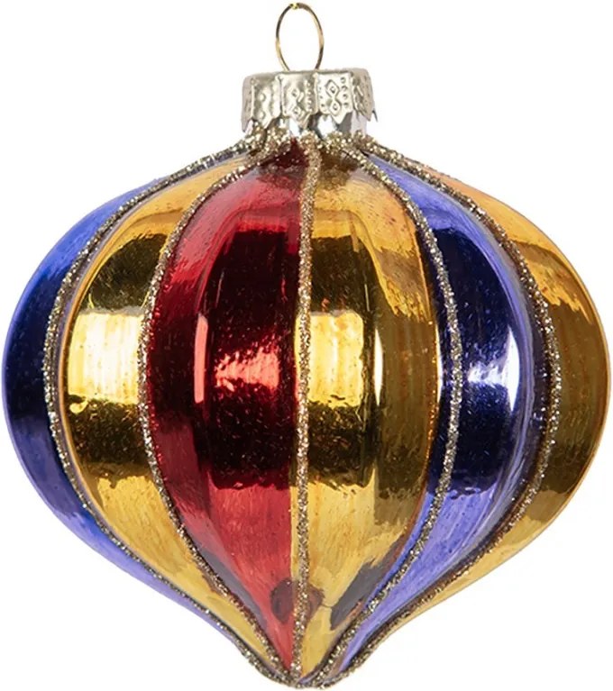 Zlatá sklenená ozdoba špicatá banka s farebnými pruhmi - Ø 8*8 cm