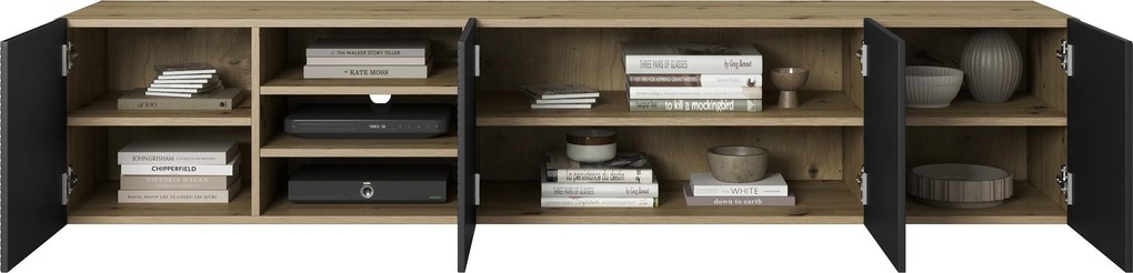 Závesná TV skrinka Asha 200 cm s ryhovaným čelom a otvorenou poličkou - artisan / čierny mat