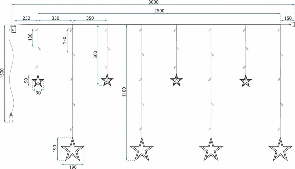 Vianočná svietiaca reťaz - hviezdy - 92 LED RGB - 250x110 cm s diaľkovým ovládaním