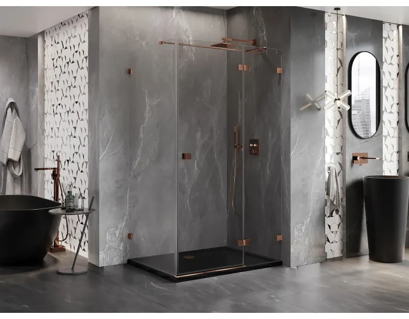 Mexen Lunar T, výklopný sprchový kút pravý 135 x 110 cm, 8mm číre sklo, profil ružové zlato, 834T-135-110-60-00-P
