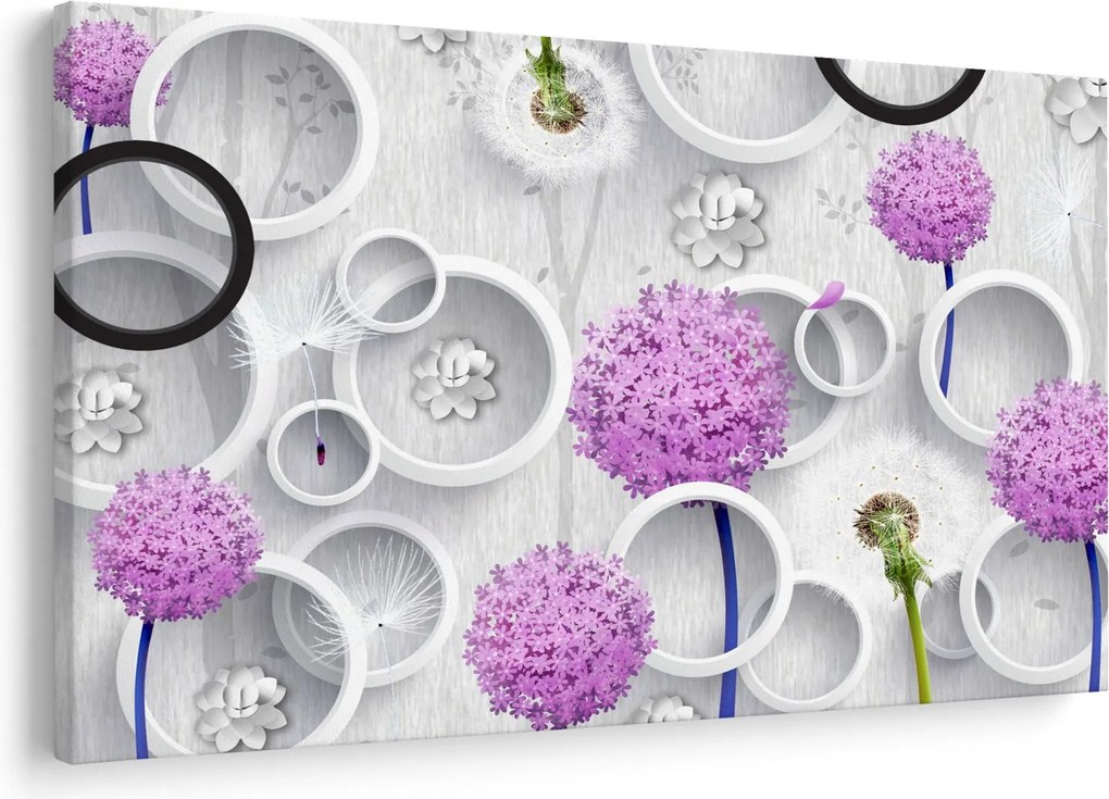 Obraz 3D abstrakcie s kruhmi a kvetinami (90x60 cm)