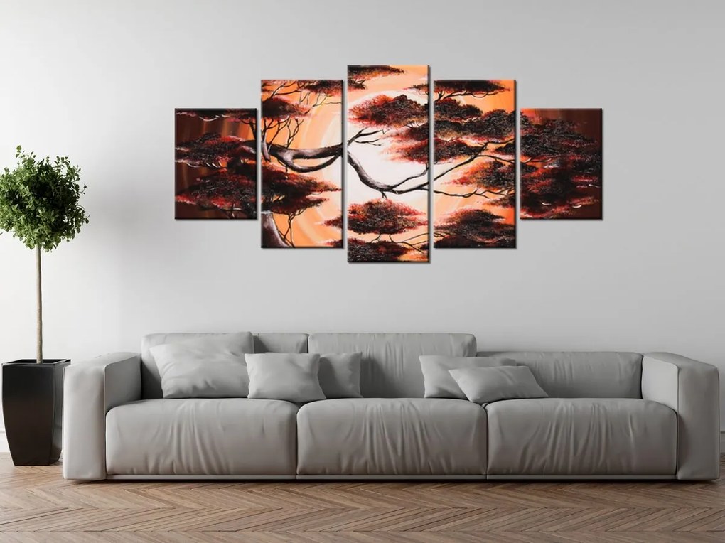 Gario Ručne maľovaný obraz Strom pri západe slnka - 5 dielny Rozmery: 100 x 70 cm