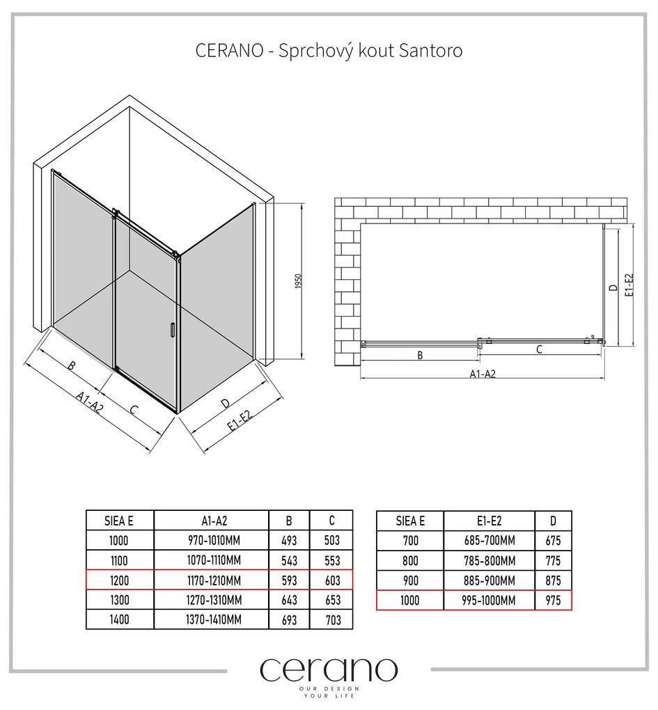 Cerano Santoro, sprchovací kút s posuvnými dverami 120(dvere) x 100(stena) x 195 cm, 6mm šedé sklo, čierny profil, CER-CER-425458