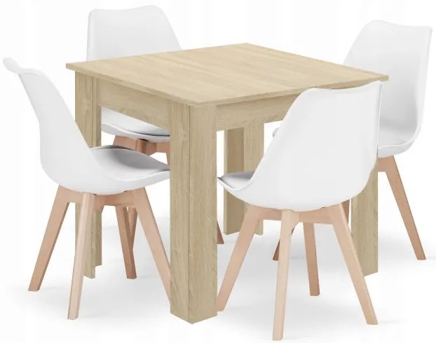 Jedálenský štvorcový stôl dub sonoma so štyrmi stoličkami MARK biele / hnedé