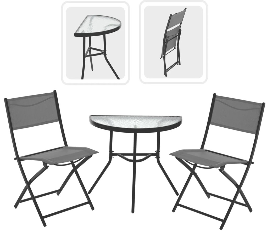 Balkónový set: 2 Skladacie stoličky a polkruhový stolík - sivý