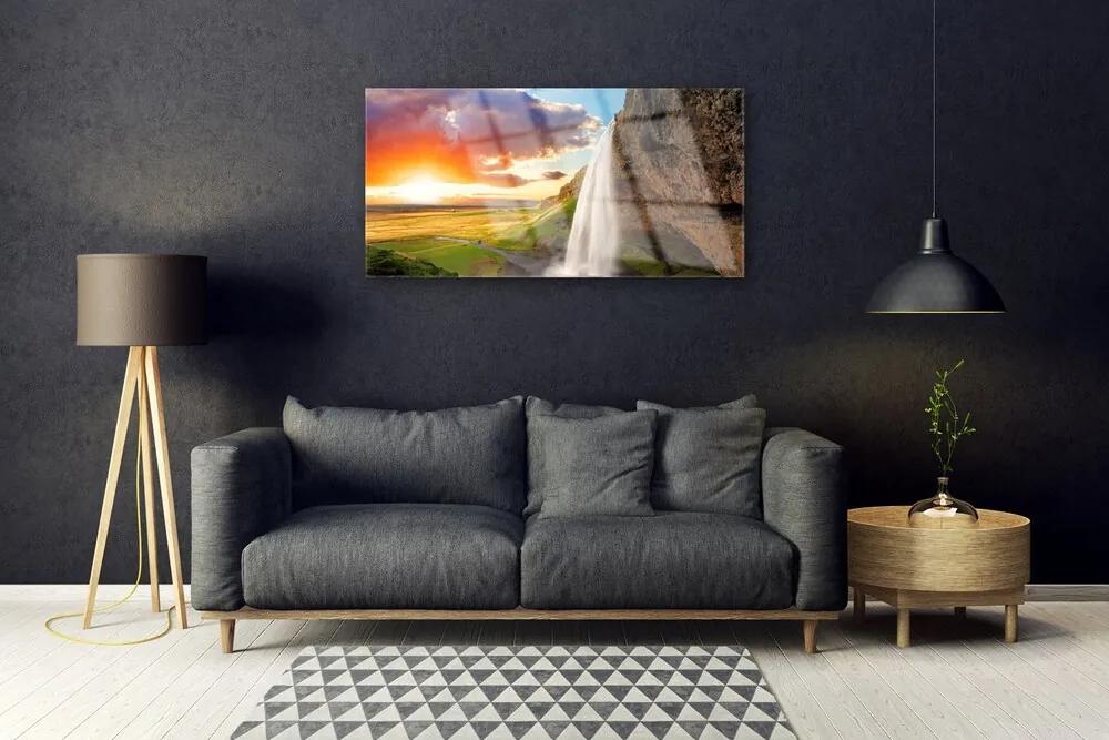 Skleneny obraz Vodopád slnko krajina 120x60 cm