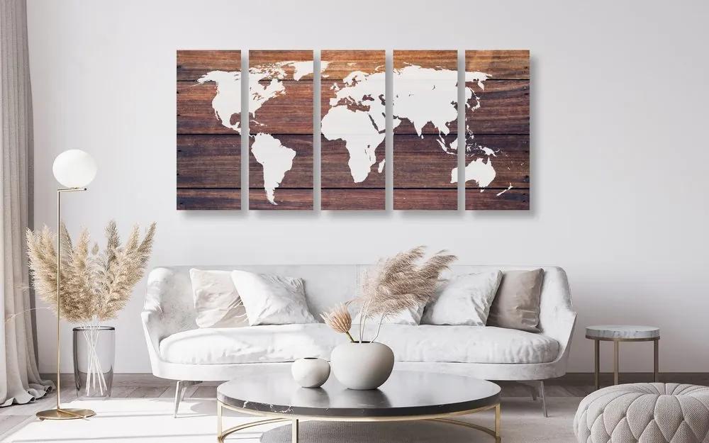 5-dielny obraz mapa sveta na drevenom pozadí