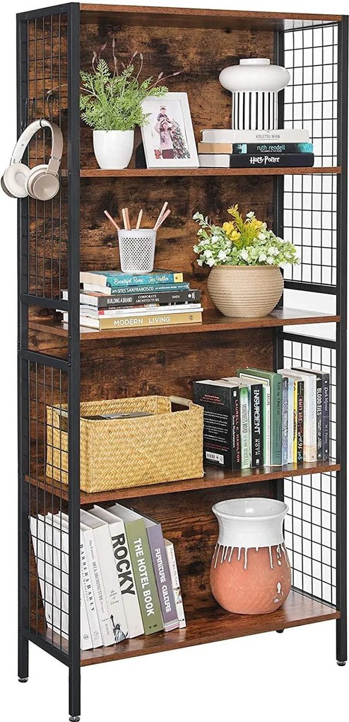 Regál 4-policový, knižnica s háčikmi, rustikálny hnedý