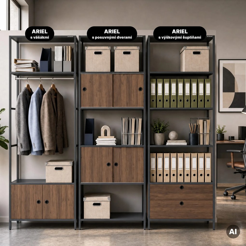 Kancelársky regál otvorený s tyčou na oblečenie, do recepcie a čakárne, kovový, antracitový/orech, 800x2200x400 mm: ARIEL Eco Design
