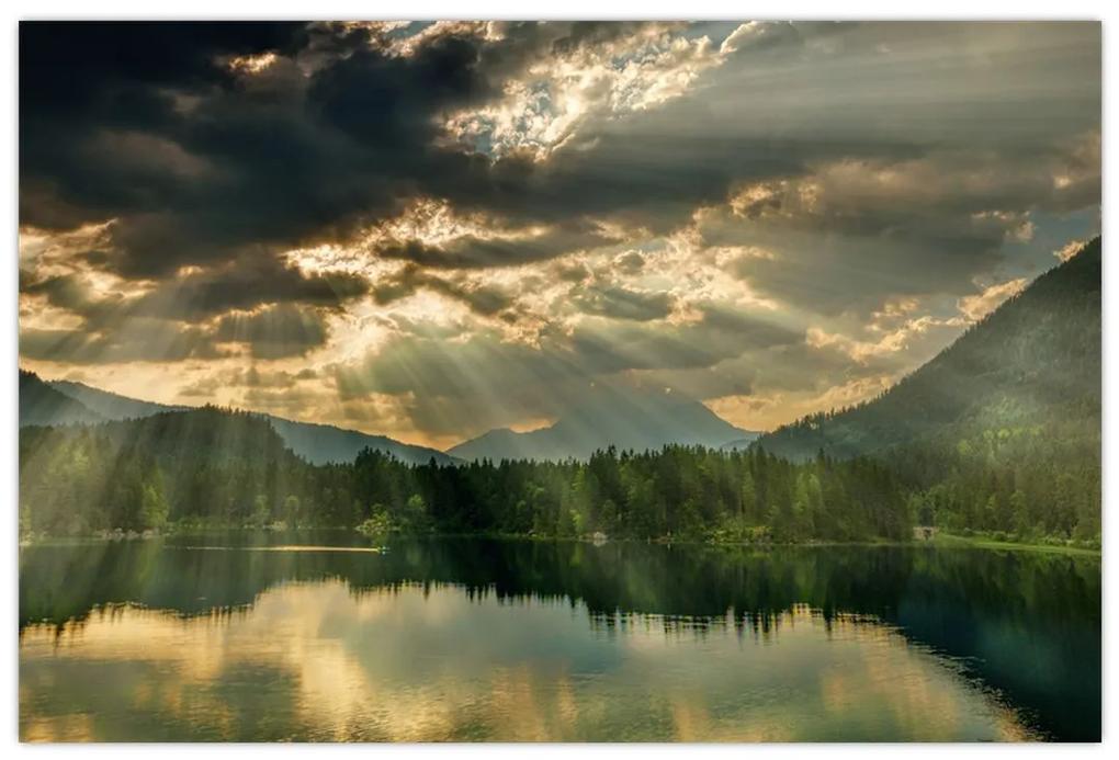 Obraz jazera s presvitajúcim slnkom (90x60 cm)