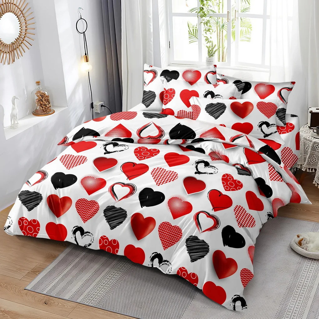 Obliečky z mikrovlákna RED AND BLACK HEARTS biele