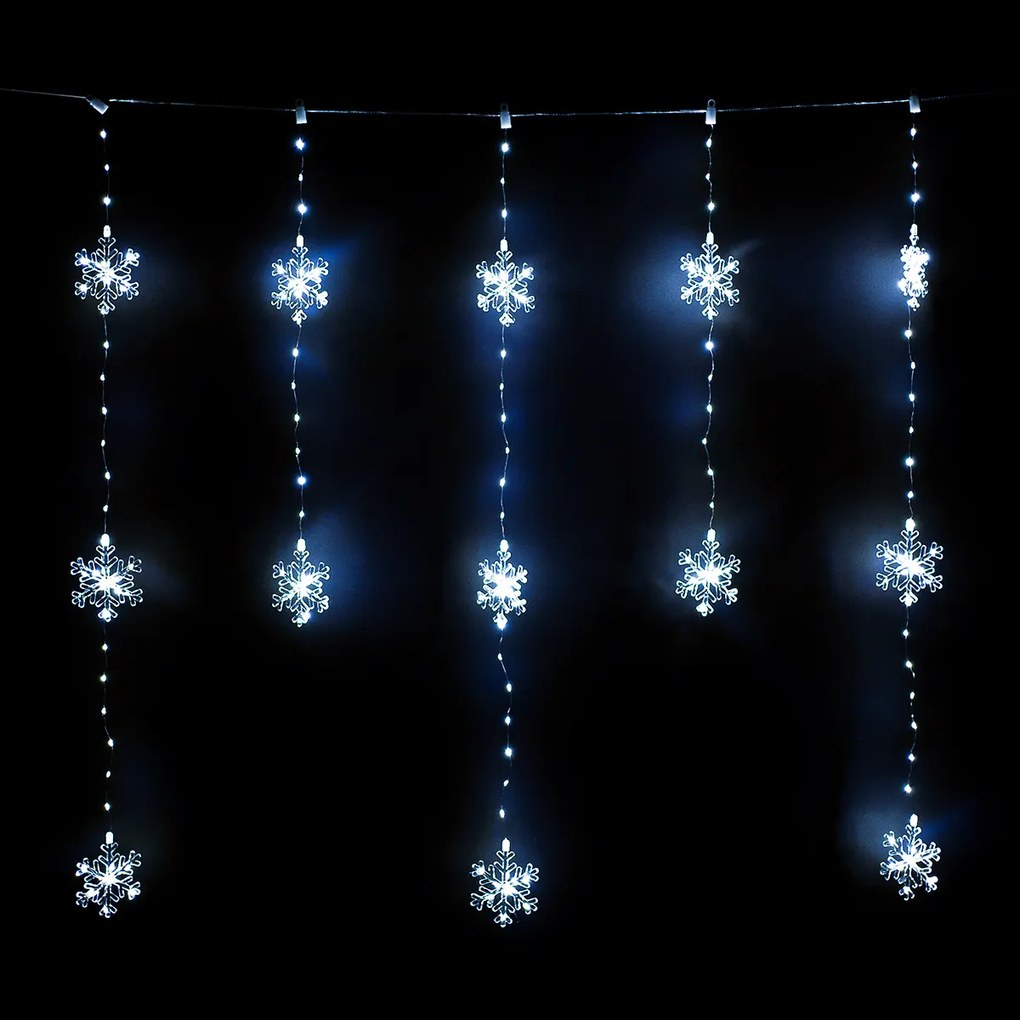 Svetelný vonkajší záves Snowflakes, 120x120cm, LED, studená biela, časovač, 8 funkcií, na batérie, 120 cm