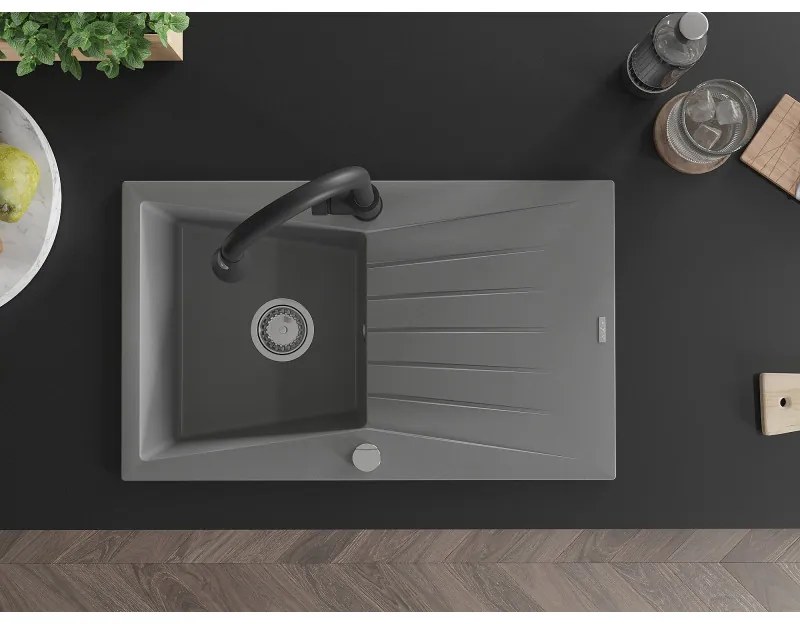 Mexen Cesar, 1-komorový granitový drez 775x470x190 mm a drezová batéria Elia, šedá, 6514-71-670101-70