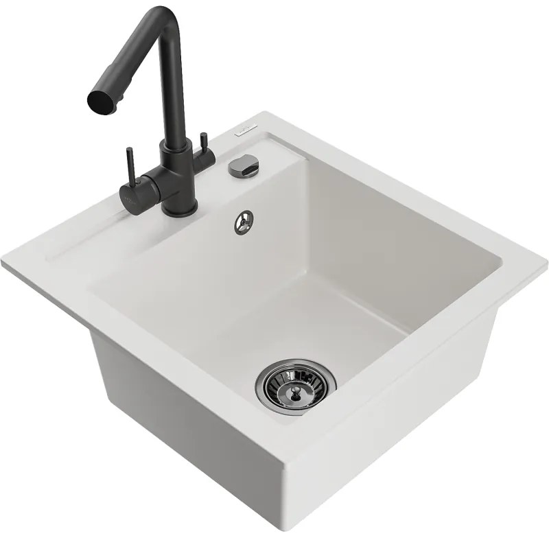 Mexen Vito, 1-komorový granitový drez 520x490x210 mm, čierna matná batéria Duero, biela, 6503-20-671600-70