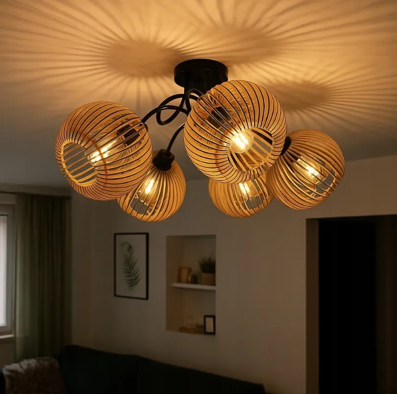 Drevená LED stropná lampa na zavesenie 5xE27 pre krásnu a priestrannú miestnosť