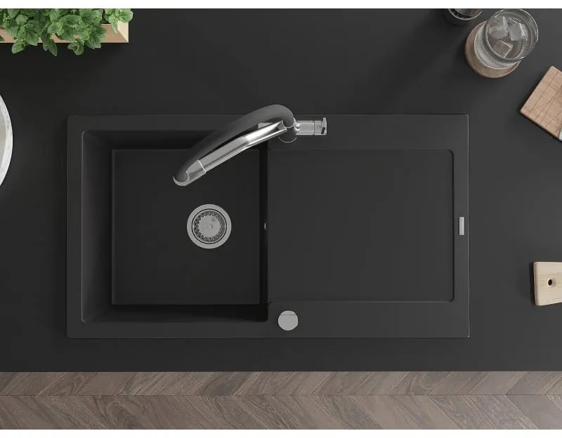 Mexen Leo, 1-komorový granitový drez 900x500x190 mm a drezová batéria Duo, čierna, 6501-77-671701-07