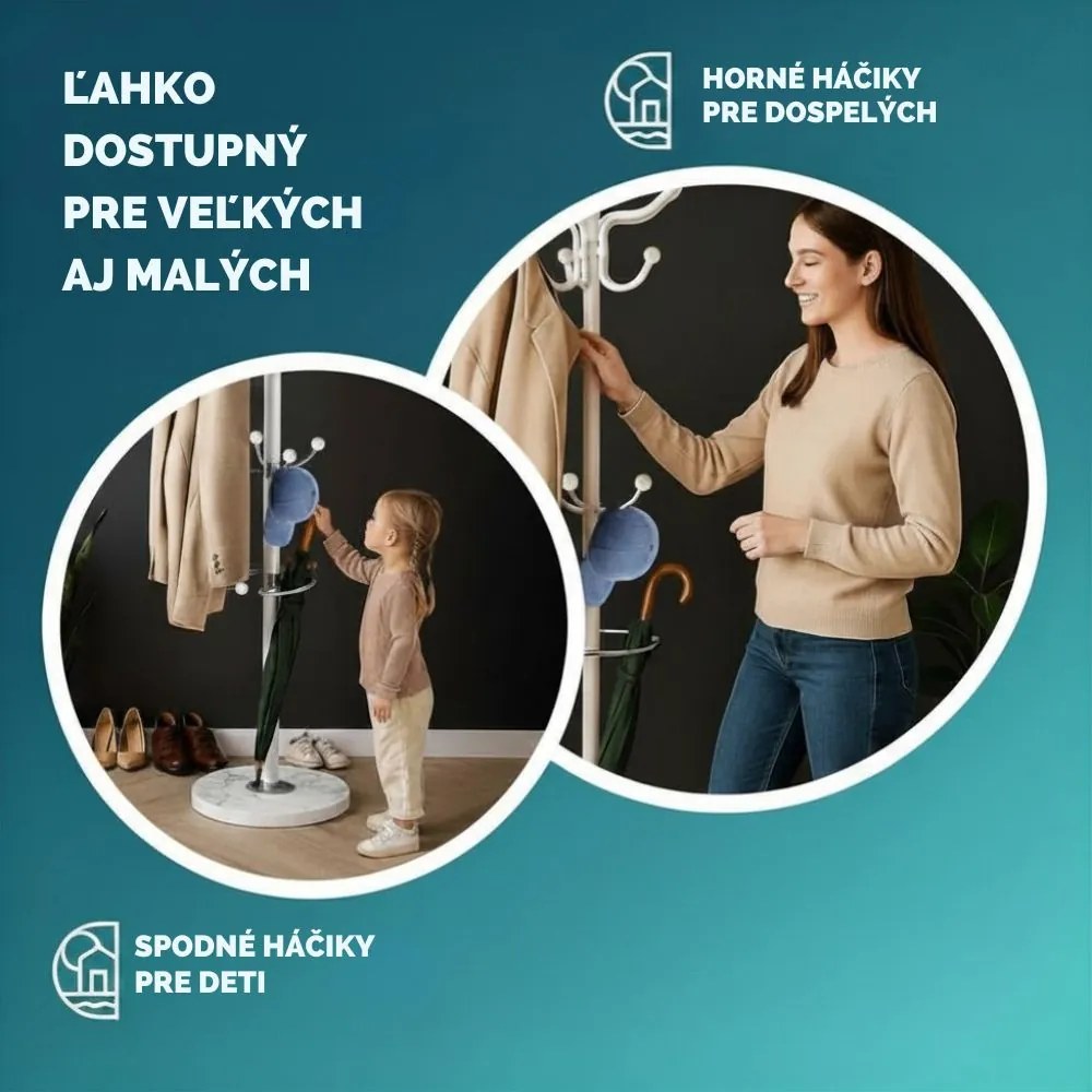 Stojanový vešiak TENZY s mramorovým podstavcom, 37x173cm, biela Casaria