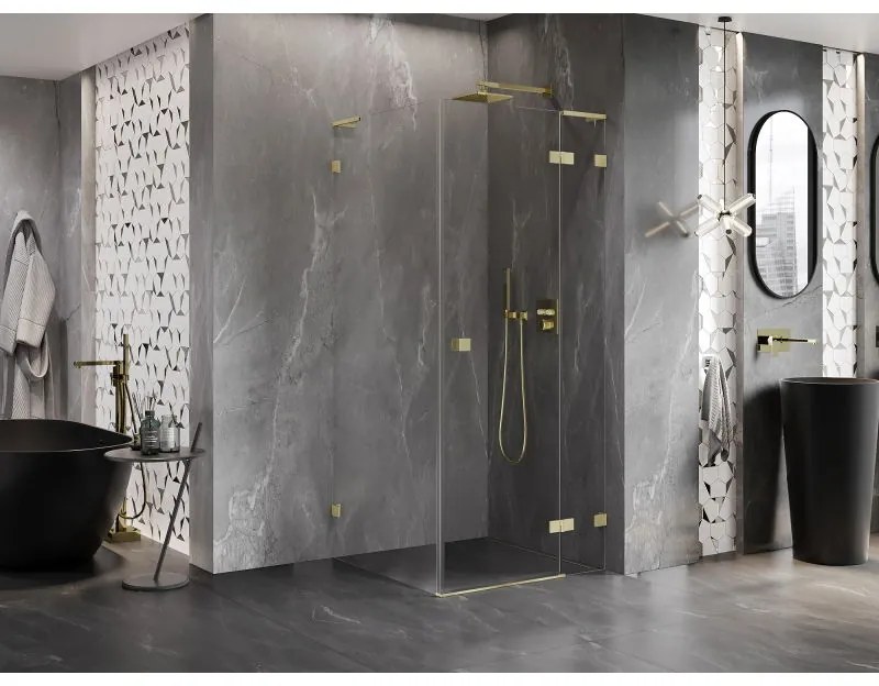 Mexen Lunar, L výklopný sprchový kút pravý 90 x 90 cm, 8mm číre sklo, zlatý kartáčovaný - 834L-090-090-55-00-P