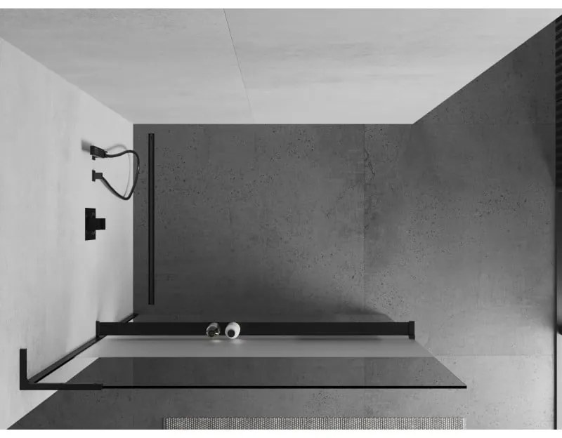 Mexen Kioto+ L, sprchová zástena Walk-In s poličkou a vešiakom 90 x 200 cm, 8mm číre sklo-námraza, čierny profil, 800-090-123-70-30