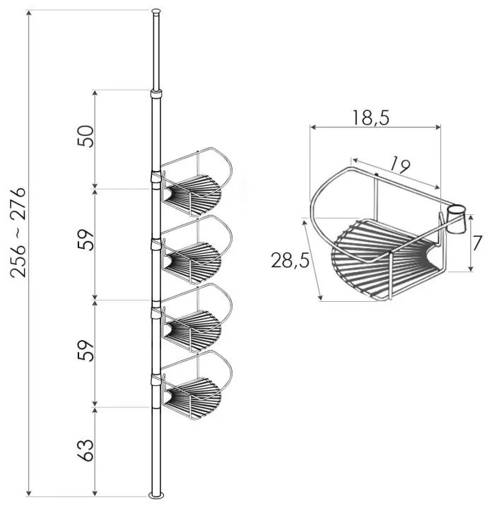 Erga Scopic, rohová teleskopická sprchová tyč 4 policová XL, chrómová, ERG-YKA-CH.SCOPIC-XL-CHR