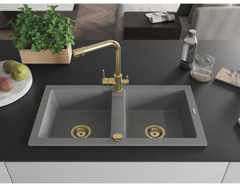 Mexen Mario, 2-komorový granitový drez 820x436x161 mm a chrómová drezová batéria Duero, šedá, 6504-71-671600-50