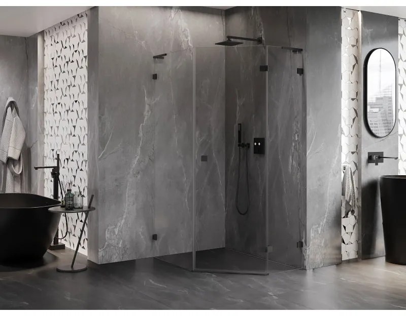 Mexen Lunar, L pravý výklopný päťuholníkový sprchový kút 80 x 90 cm, 8mm číre sklo, čierny profil, 831L-080P-090L-70-00-P