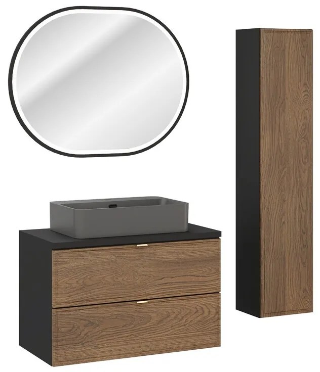 Koupelnová sestava s deskou, skříňkami, umyvadlem a zrcadlem Talia Casella 80 cm černý mat/dub casella