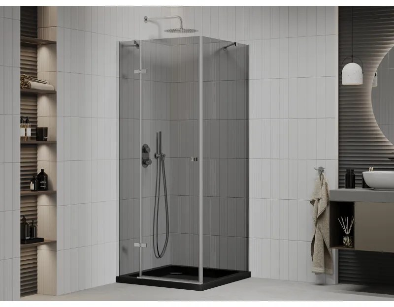 Mexen Roma, sprchový kút s krídlovými dverami 90 (dvere) x 90 (stena) cm, 6mm šedé sklo, chrómový profil + slim sprchová vanička čierna + chrómový sifón, 854-090-090-01-40-4070