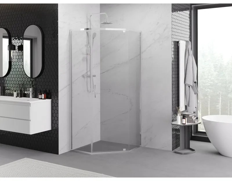 Mexen Exo, päťuholníkový sprchový kút s výklopnými dverami 90 x 90 cm, 6mm číre sklo, chrómový profil, 812-090-090-01-00