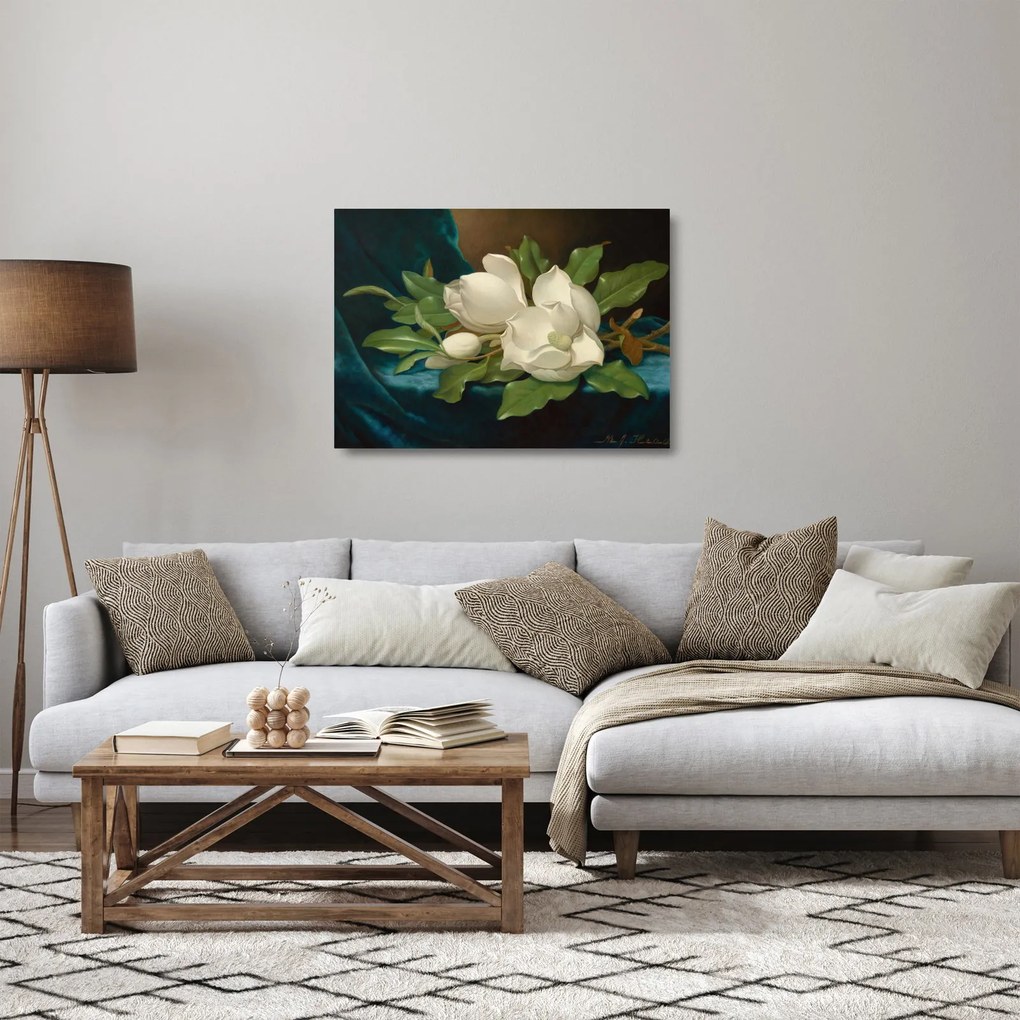 Sklenený obraz - Martin Johnson Heade, Giant Magnolias on a Blue Velvet Cloth, reprodukcia (70x50 cm)