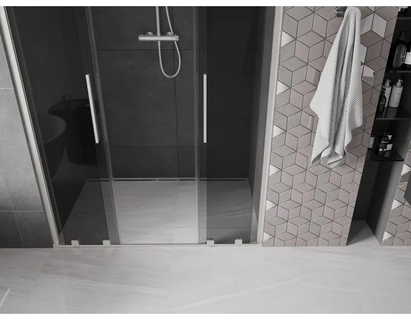 Mexen Velar L Duo, posuvné sprchové dvere do otvoru 140 cm, 8mm šedé sklo, brúsená oceľ, 871-140-003-42-97