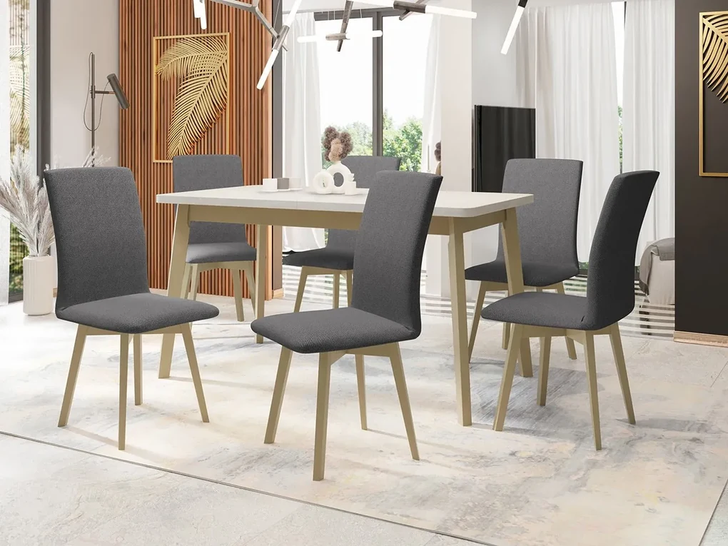 Jedálenský stôl so 6 stoličkami AL24, Morenie: dub artisan L, Poťahové látky: Zetta 300, Farby nožičiek: biela