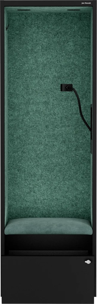 Kancelárska akustická kabína so sedadlom a portom USB-C, telo v čierny farbe / sedadlo v zelenej farbe, 600 mm: SALLY MentalBox