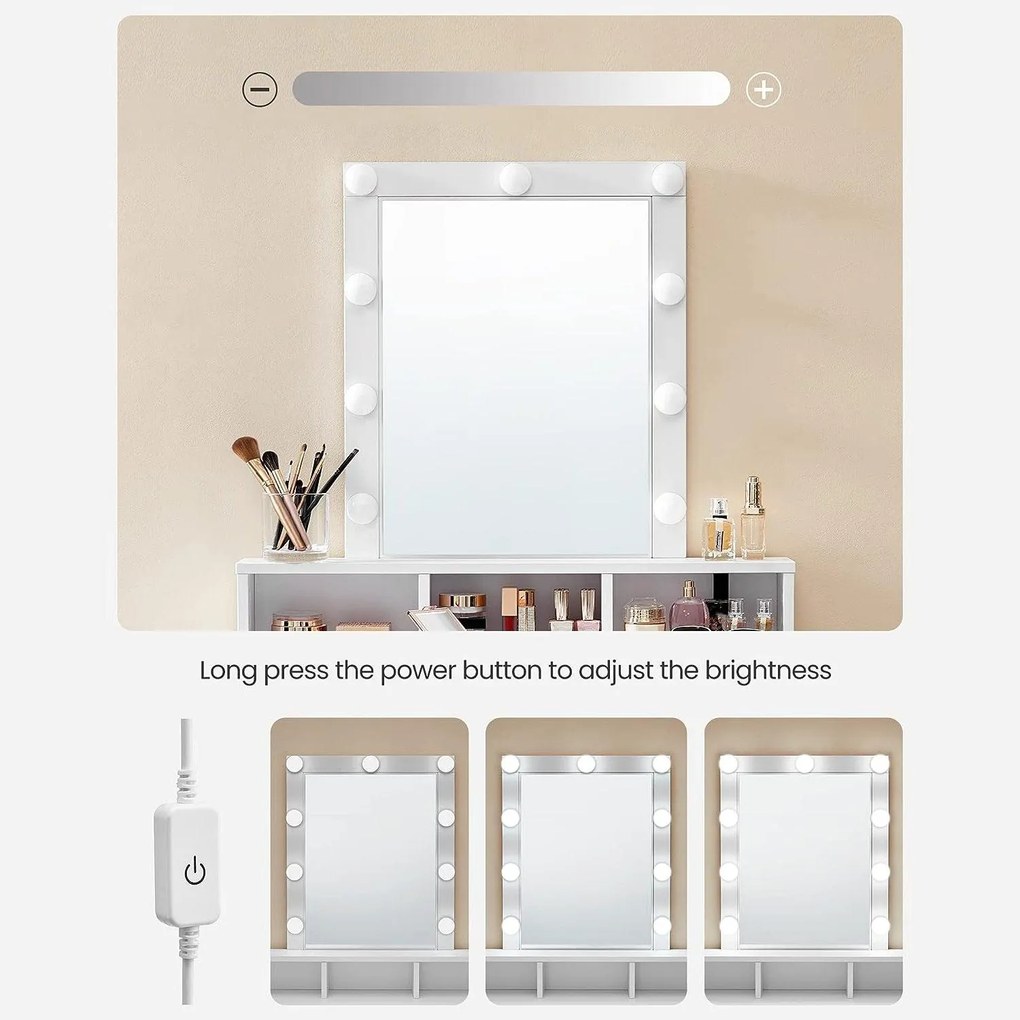 Toaletný stolík so zrkadlom a žiarovkami, 80 x 145 x 40 cm, biely