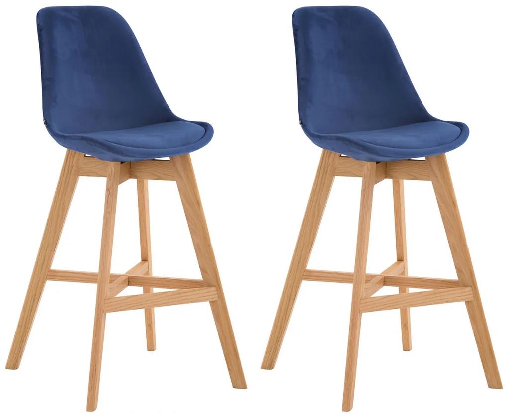 Barová stolička Cannes ~ zamat, drevené nohy natura (SET 2 ks)  - Modrá