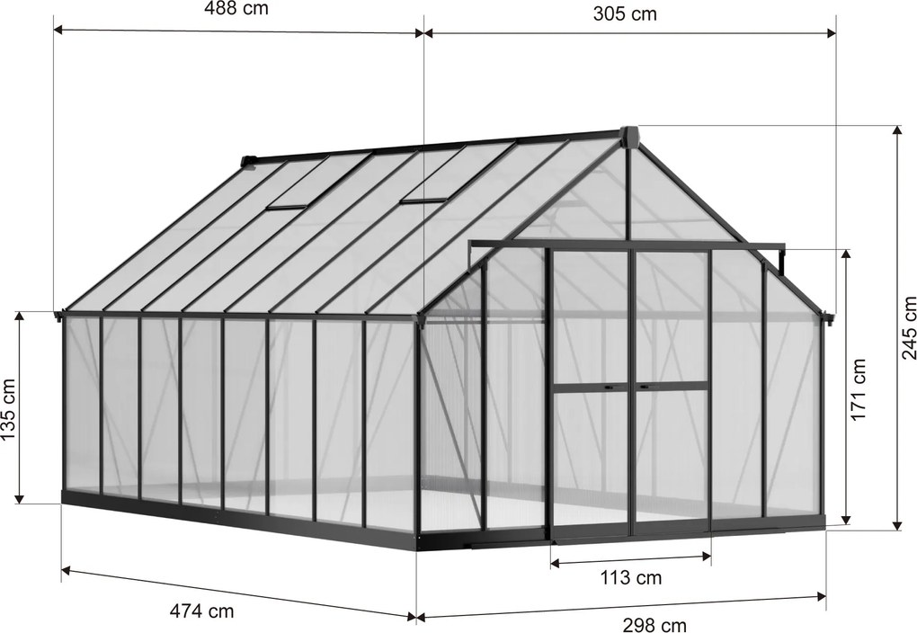 Skleník 245 x 305 x 488 cm, zosilnená konštrukcia, polykarbonát 6 mm