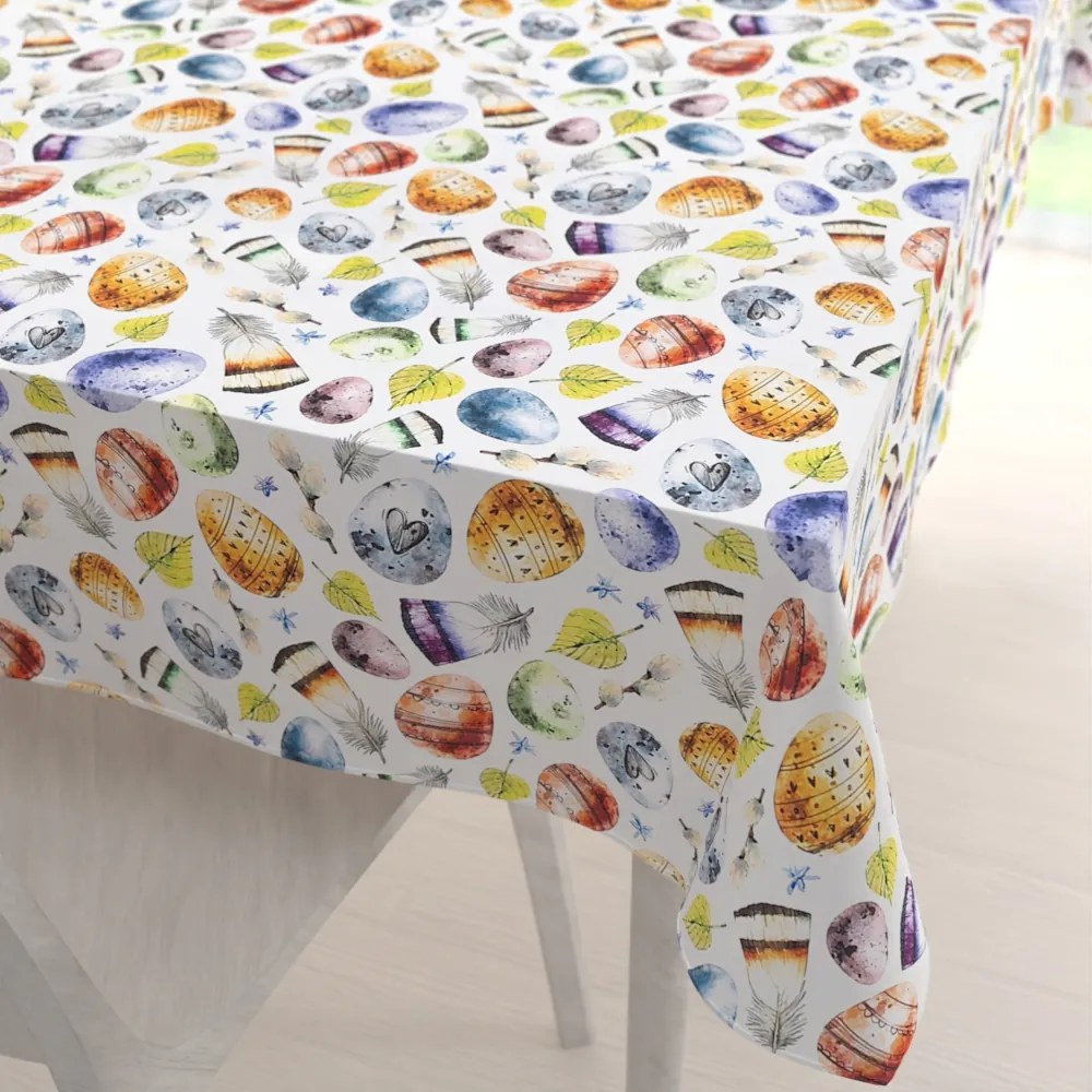Biante Veľkonočný teflónový obdĺžnikový obrus TF-075 Farebné kraslice a pierka na bielom 60x100 cm