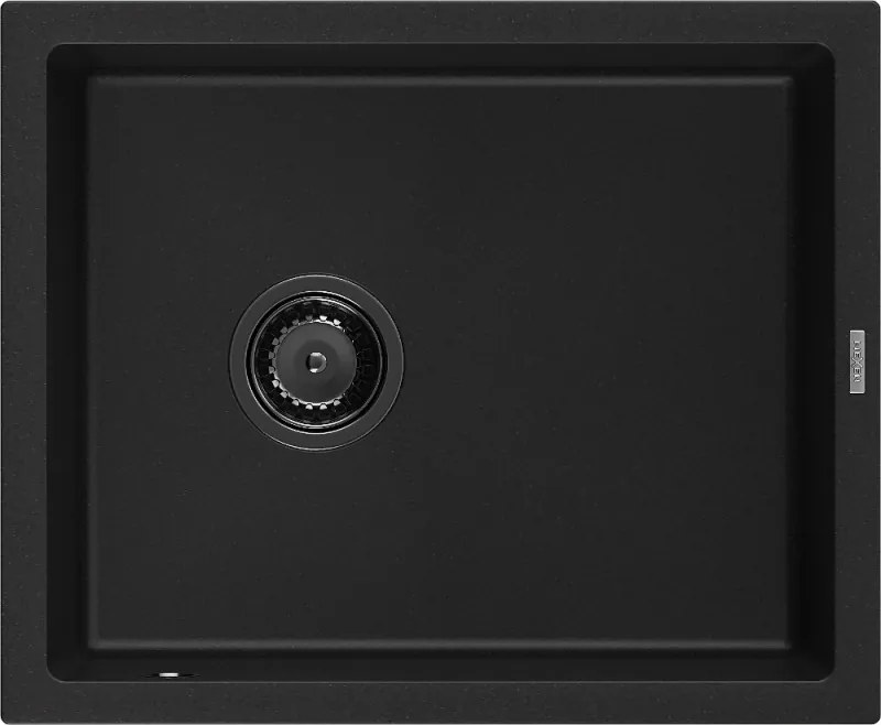 Mexen Pedro granitový kuchynský drez 1-komorový 560 x 460 mm, čierny, čierny sifón - 6508561000-77-B