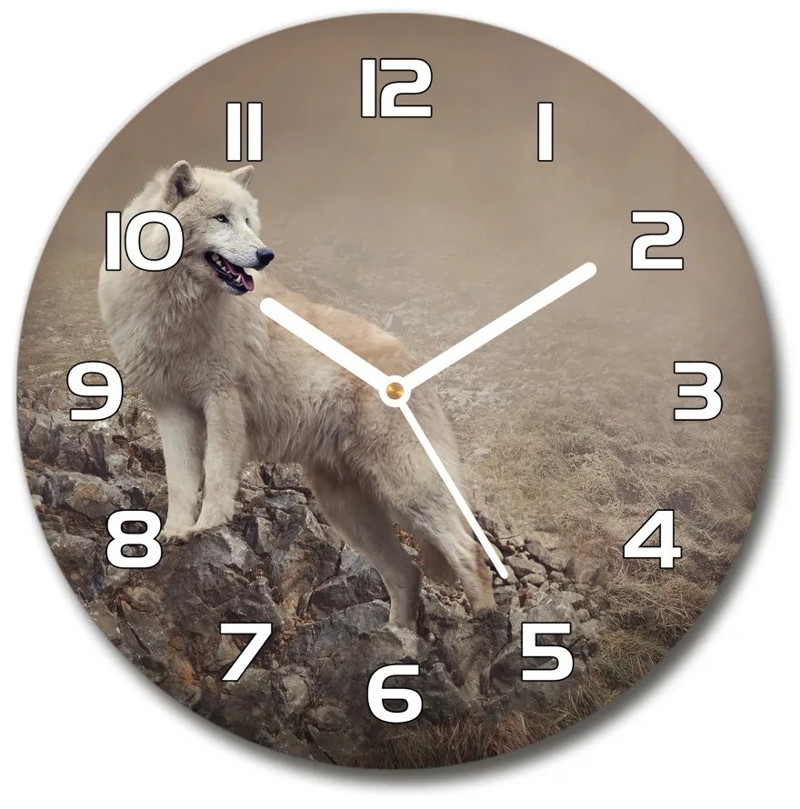 Sklenené hodiny okrúhle Biely vlk na skale pl_zso_30_f_60381309