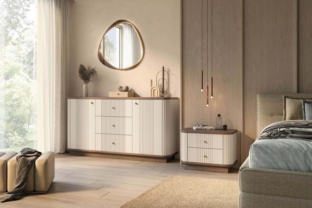 Komoda Vespera 160 cm na sokli - kašmírová / orech / zlatá