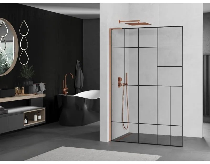Mexen Kioto L, sprchová zástena Walk-In 70 x 200 cm, 8mm číre sklo čierny vzor, ružové zlato profil, 800-070-103-60-78