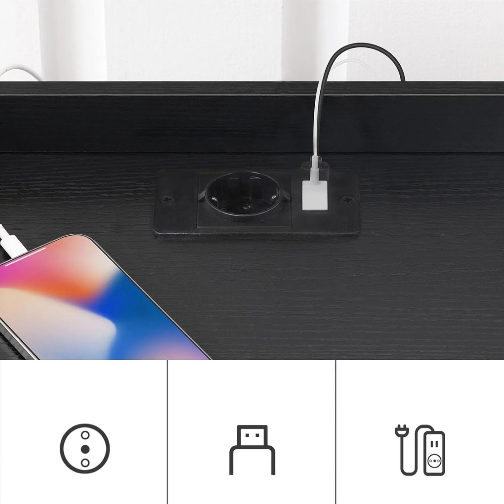 Noční stolek Silven 38 cm s LED osvětlením a nabíjecí stanicí černý