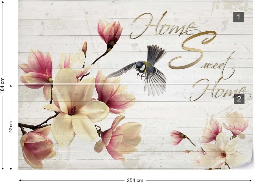 GLIX Fototapeta - Magnolia Flowers Wood Planks "Home Sweet Home" Vliesová tapeta  - 254x184 cm
