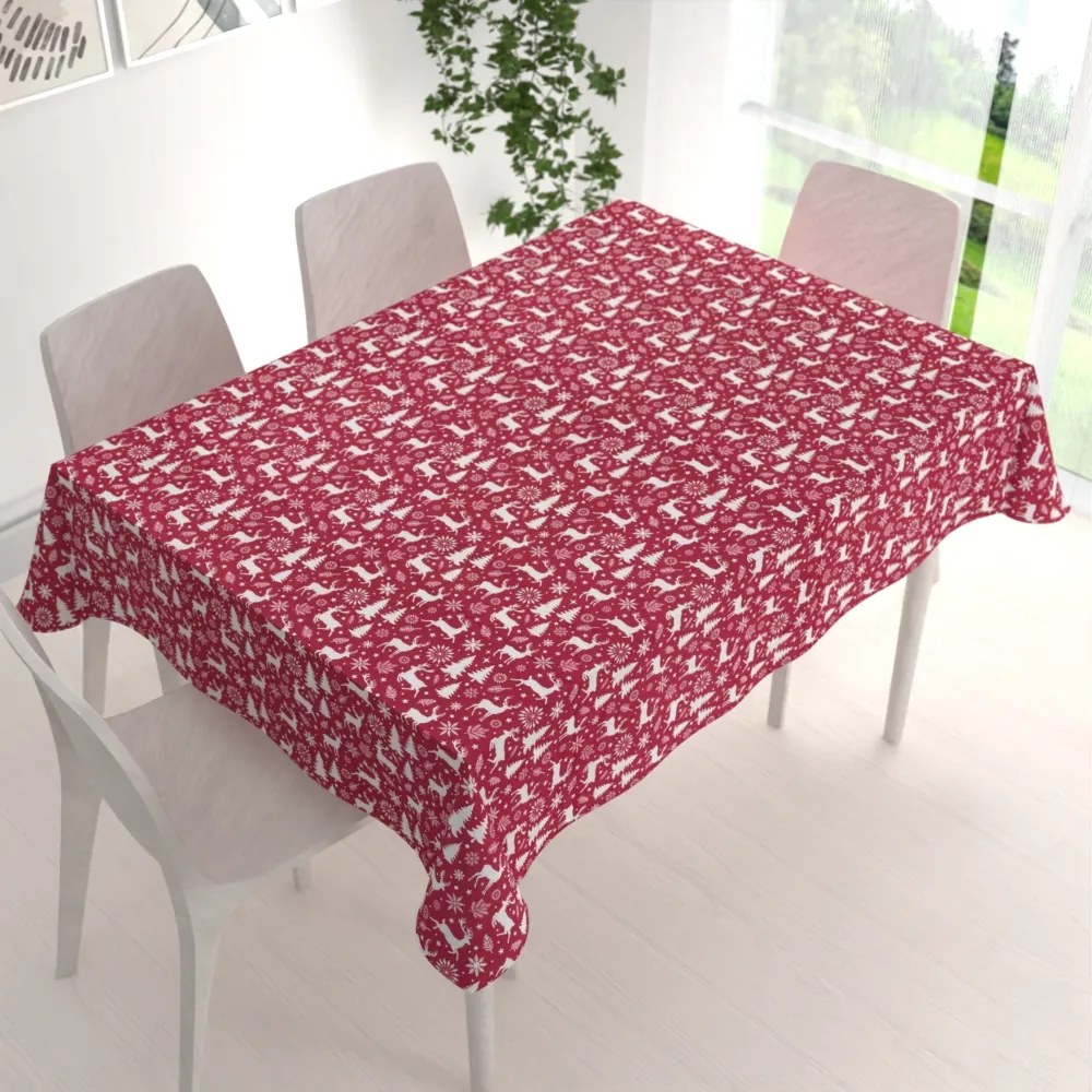 Biante Zamatový obdĺžnikový obrus Tamara TMR-045 Vianočné jelene a stromčeky na červenom 100x140 cm