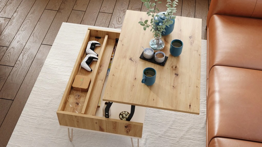 HAIRPIN S-90 Dub Artisan/Béžová (Šampanská) - MODERNÝ KONFERENČNÝ STOLÍK S VÝKLOPNOU DOSKOU + ÚLOŽNÝ PRIESTOR + POLICA