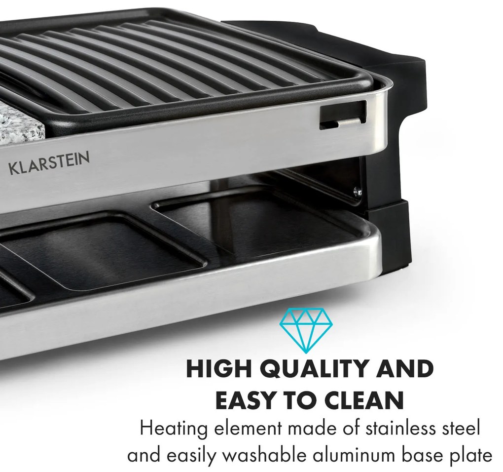 Klarstein Sirloin, raclette gril, 1500 W, hliník/kameň, pre 8 osôb, LED kontrolky